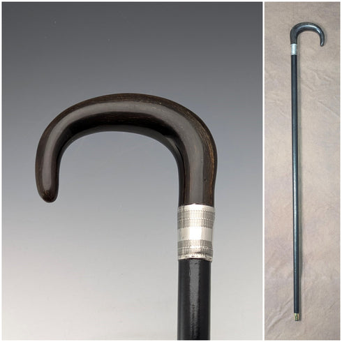 Circa 1910 British antique gentleman's pure silver decorated horn handle walking stick 91cm